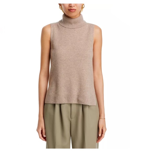 Luxurious 100% Cashmere Split Hem Turtleneck Tank By Aqua in Wheat / Beige - Picture 6 of 6